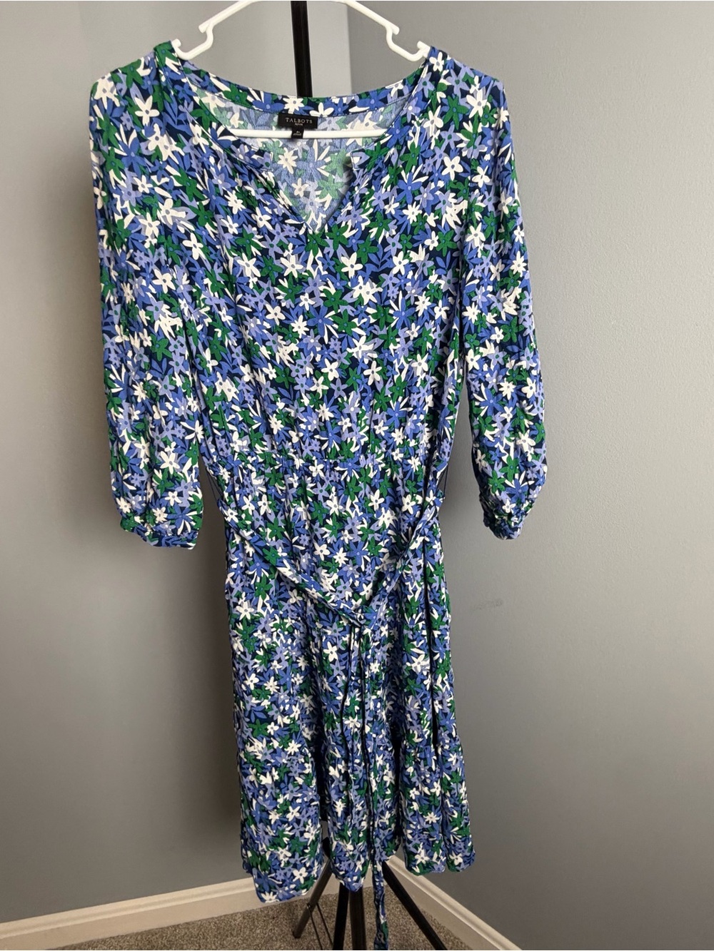 Talbots Blue Floral V-Neck Dress with tie